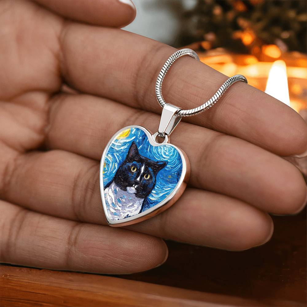 Tuxedo Cat Portrait Starry Night Heart Necklace