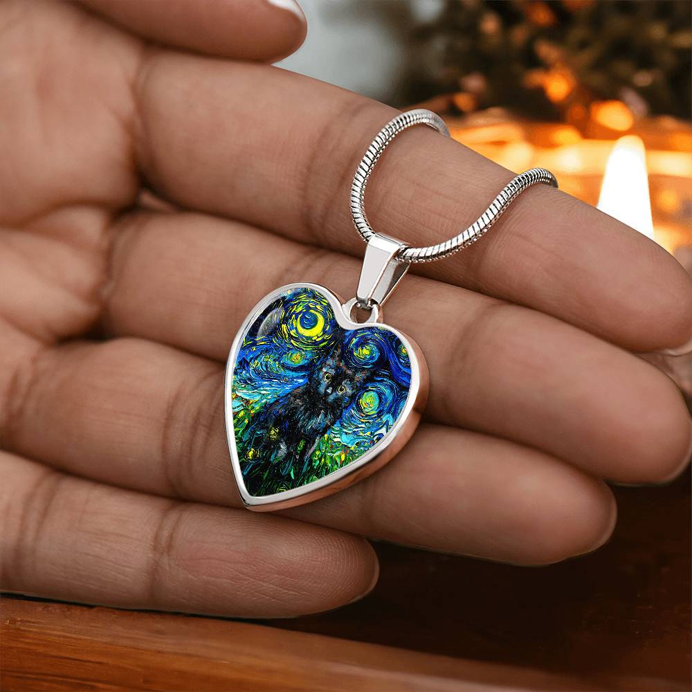 Black Cat Portrait Starry Night Heart Necklace