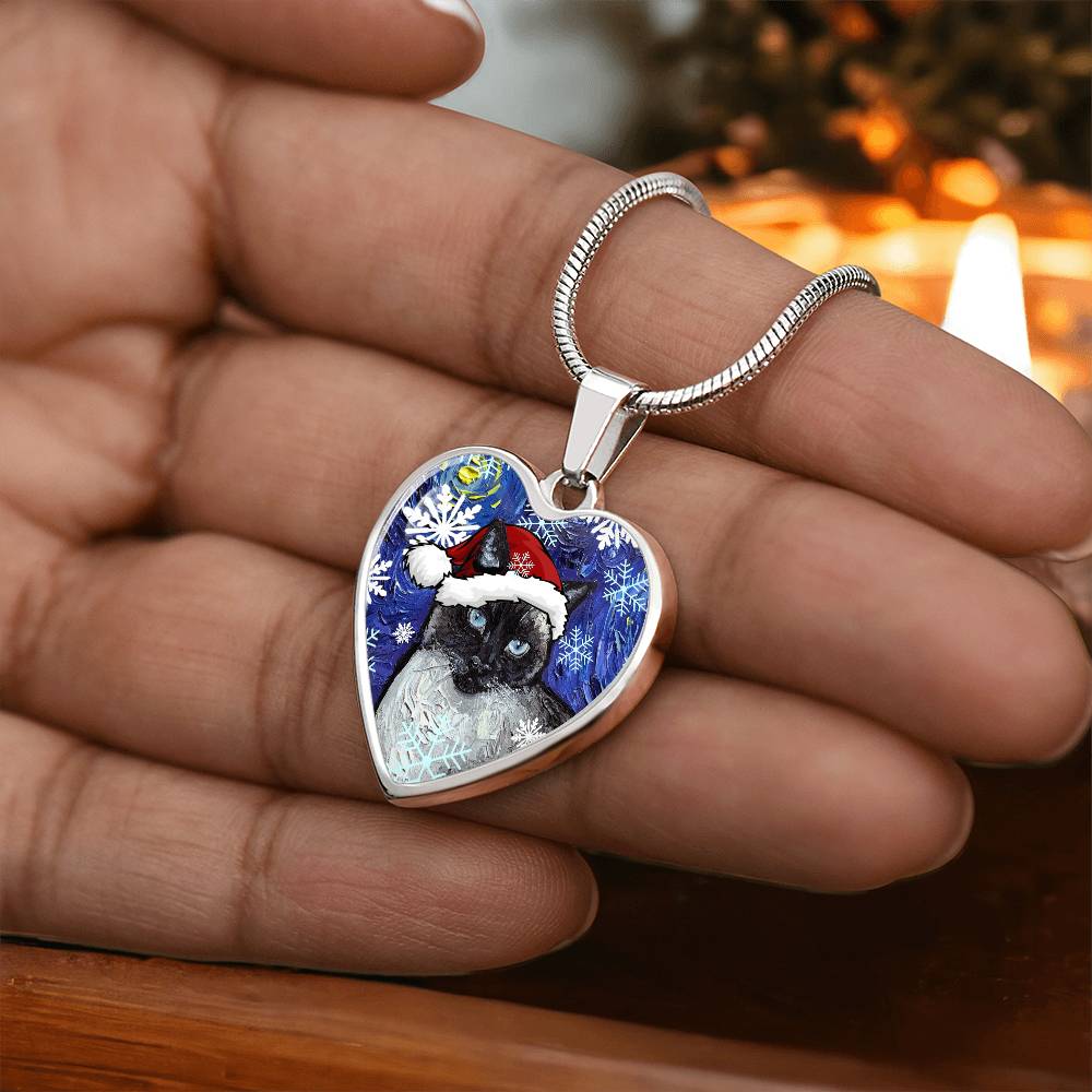 Siamese Cat Christmas Heart Necklace