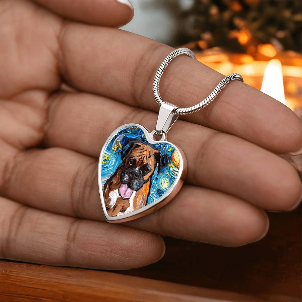Boxer Portrait Starry Night Heart Necklace