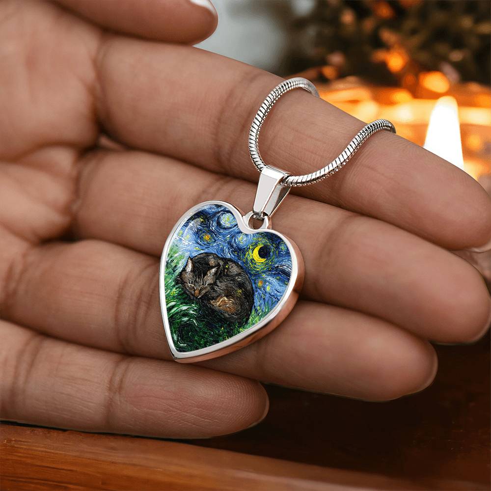 Sleeping Brown Tabby Starry Night Heart Necklace