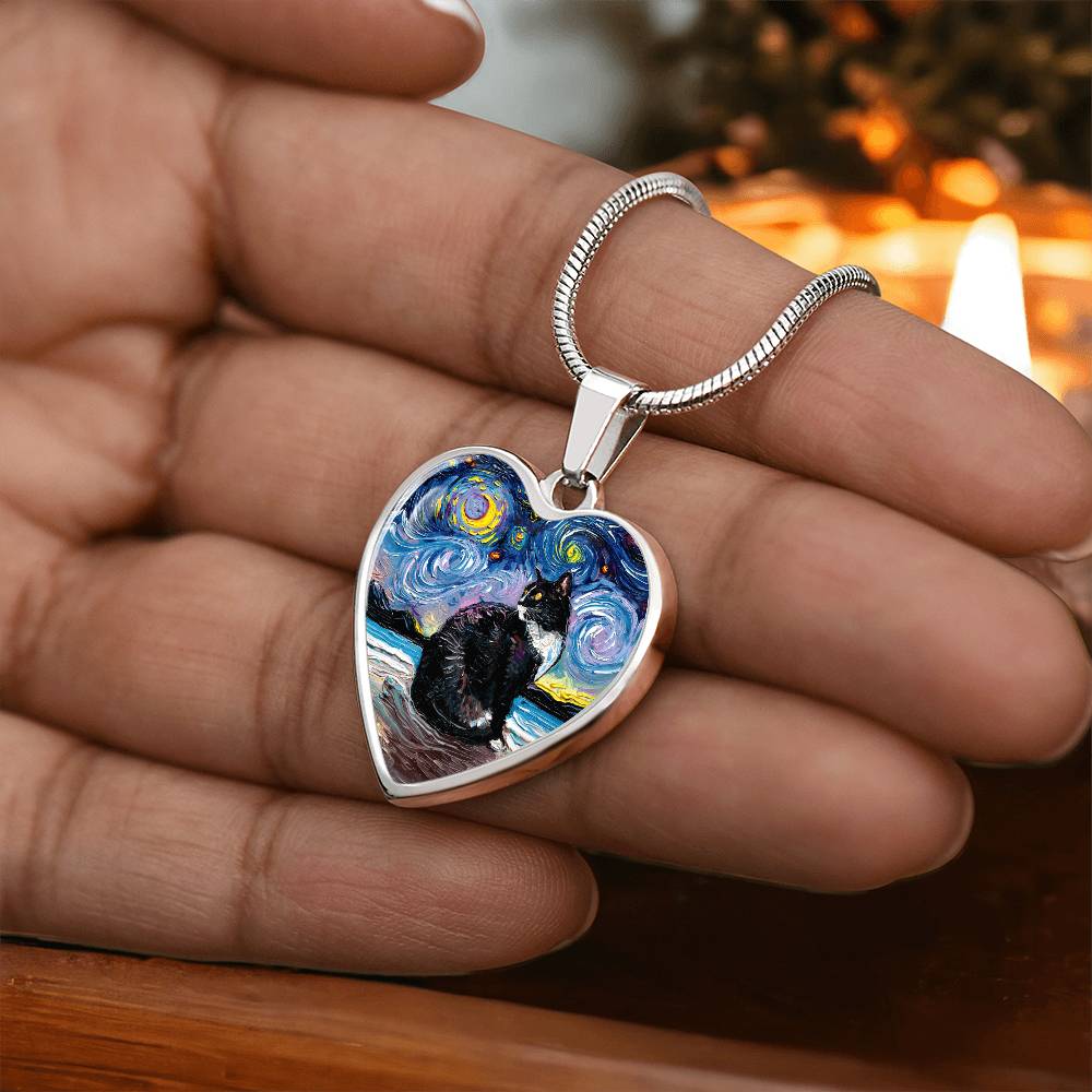 Tuxedo Cat with Yellow Eyes Starry Night Heart Necklace