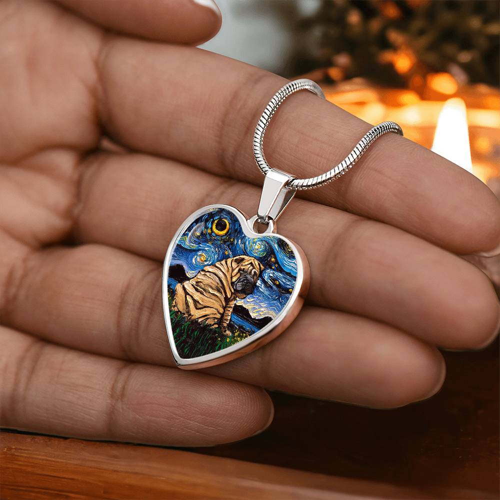 Brown Shar Pei Starry Night Heart Necklace