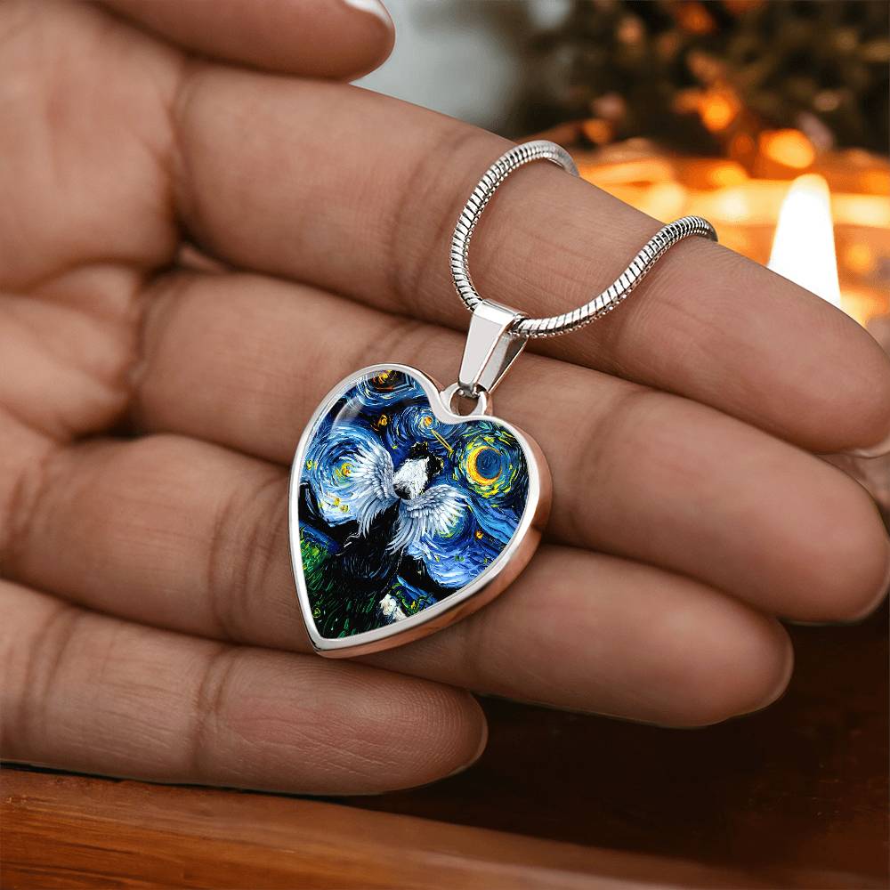 Angel Border Collie Starry Night Heart Necklace