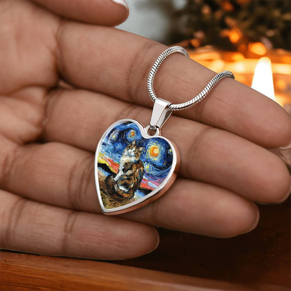 Calico Cat 2 Starry Night Heart Necklace