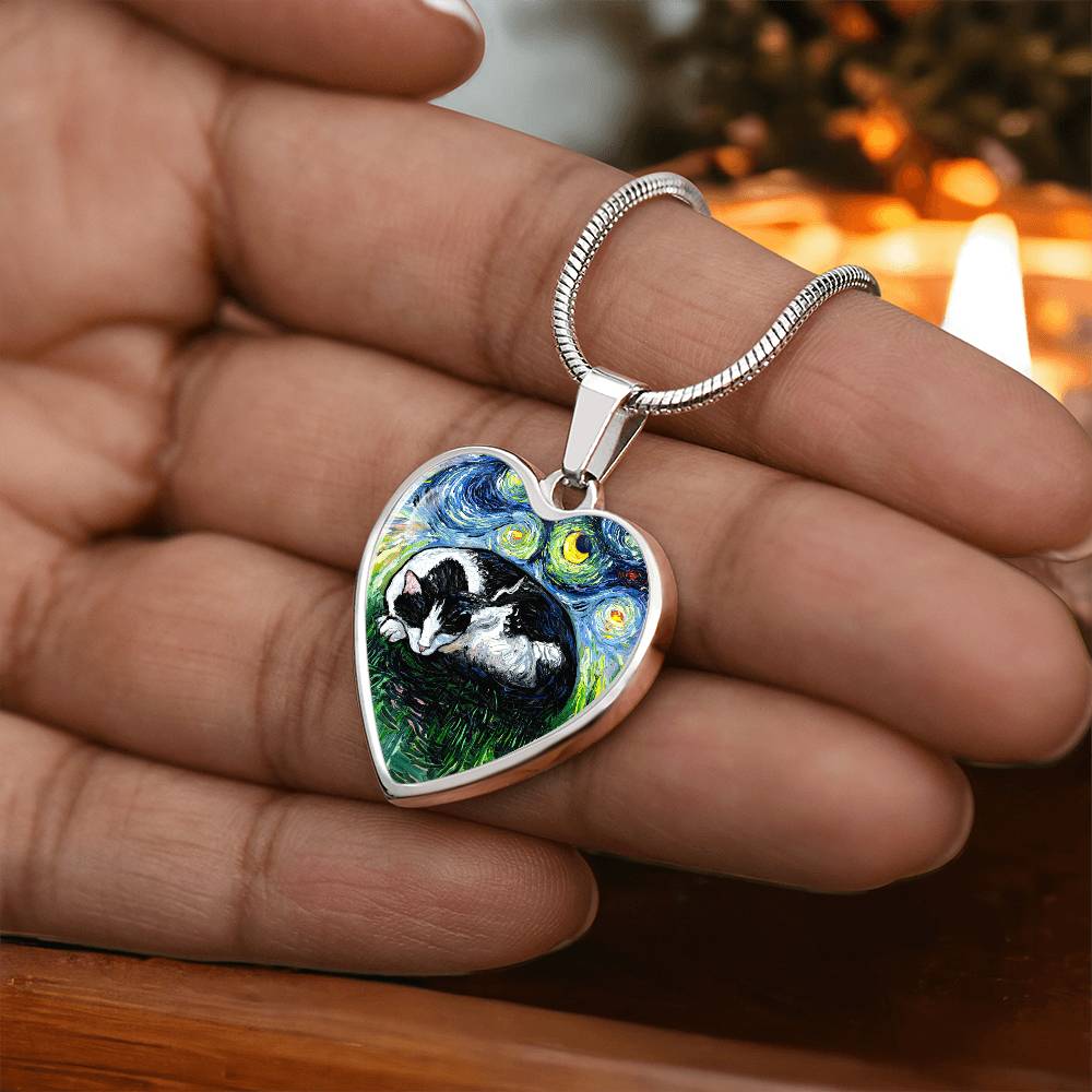 Sleeping Tuxedo Cat Starry Night Heart Necklace