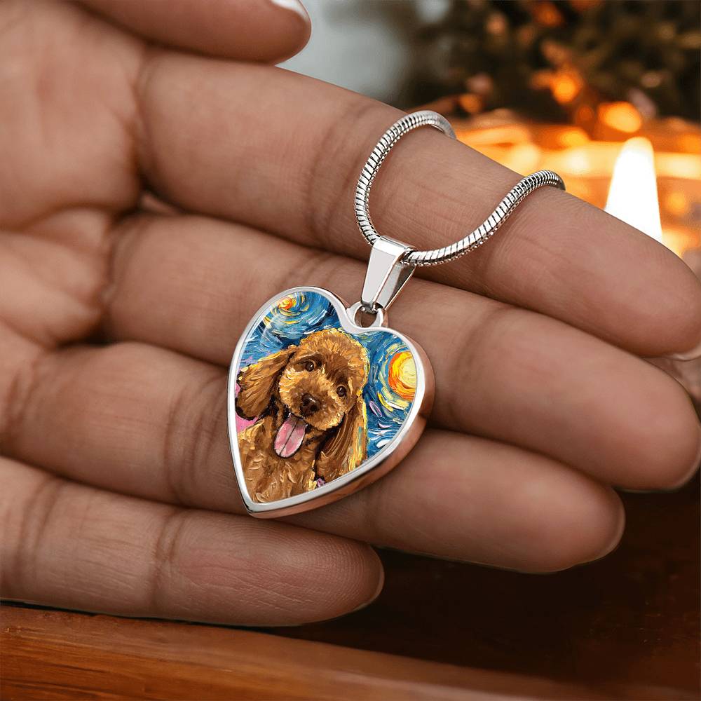 Apricot Poodle Portrait Starry Night Heart Necklace
