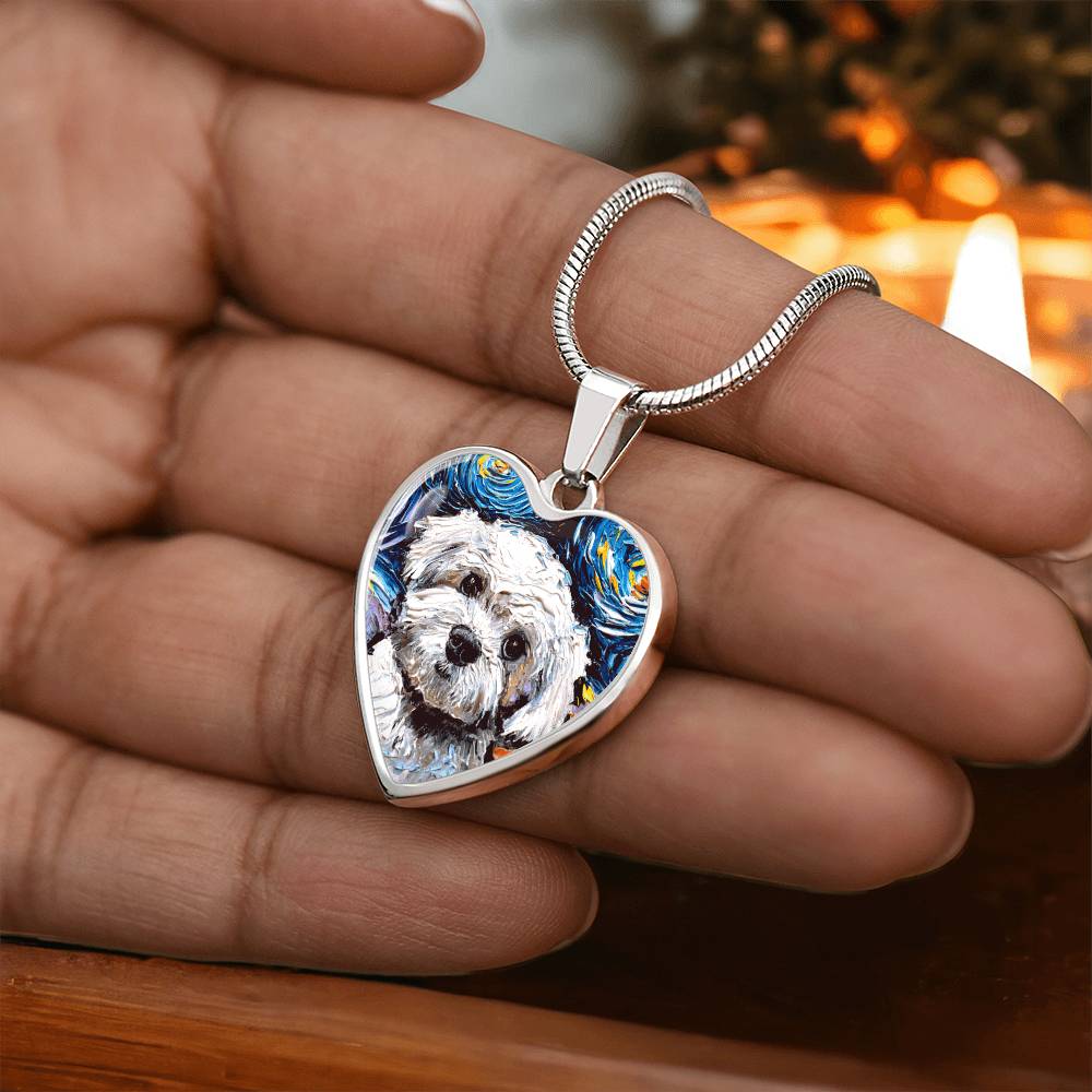 Maltipoo Portrait Starry Night Heart Necklace
