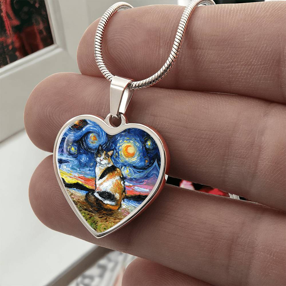 Calico Cat Starry Night Heart Necklace