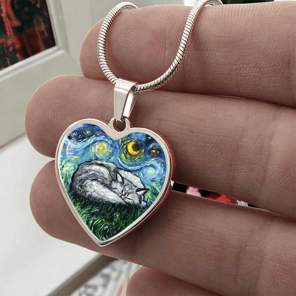 Sleeping Persian Cat Starry Night Heart Necklace