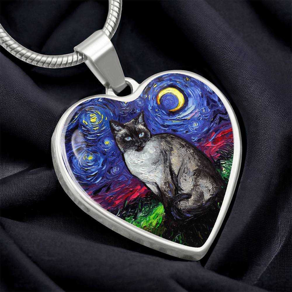 Siamese Cat Starry Night Heart Necklace