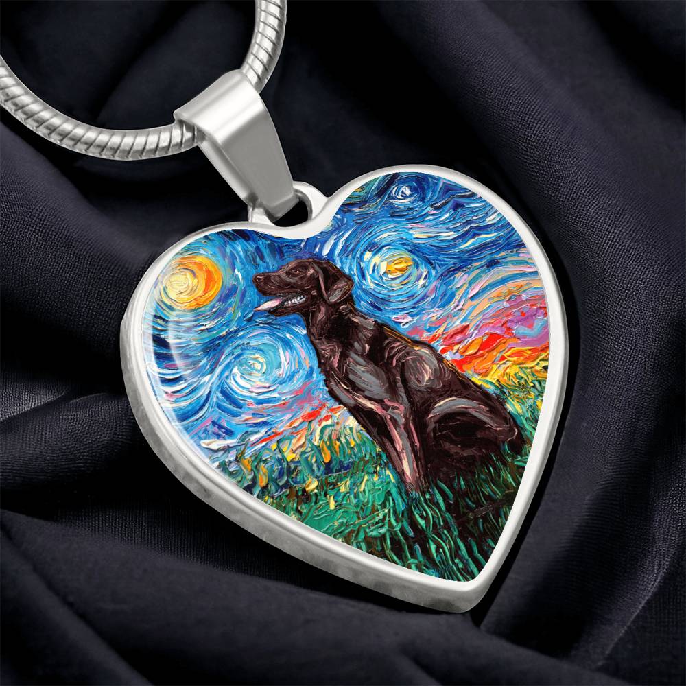 Chocolate Labrador Starry Night Heart Necklace