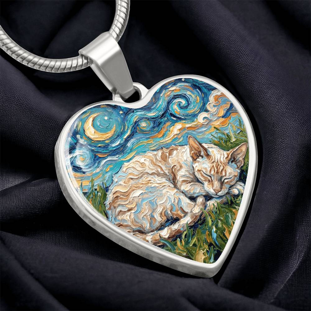 Sleepy Cornish Rex Night Heart Necklace