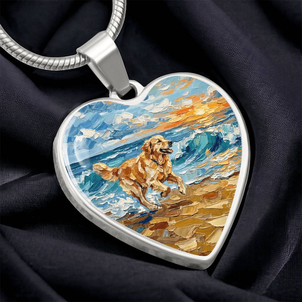 Frolicking Golden Retriever Heart Necklace