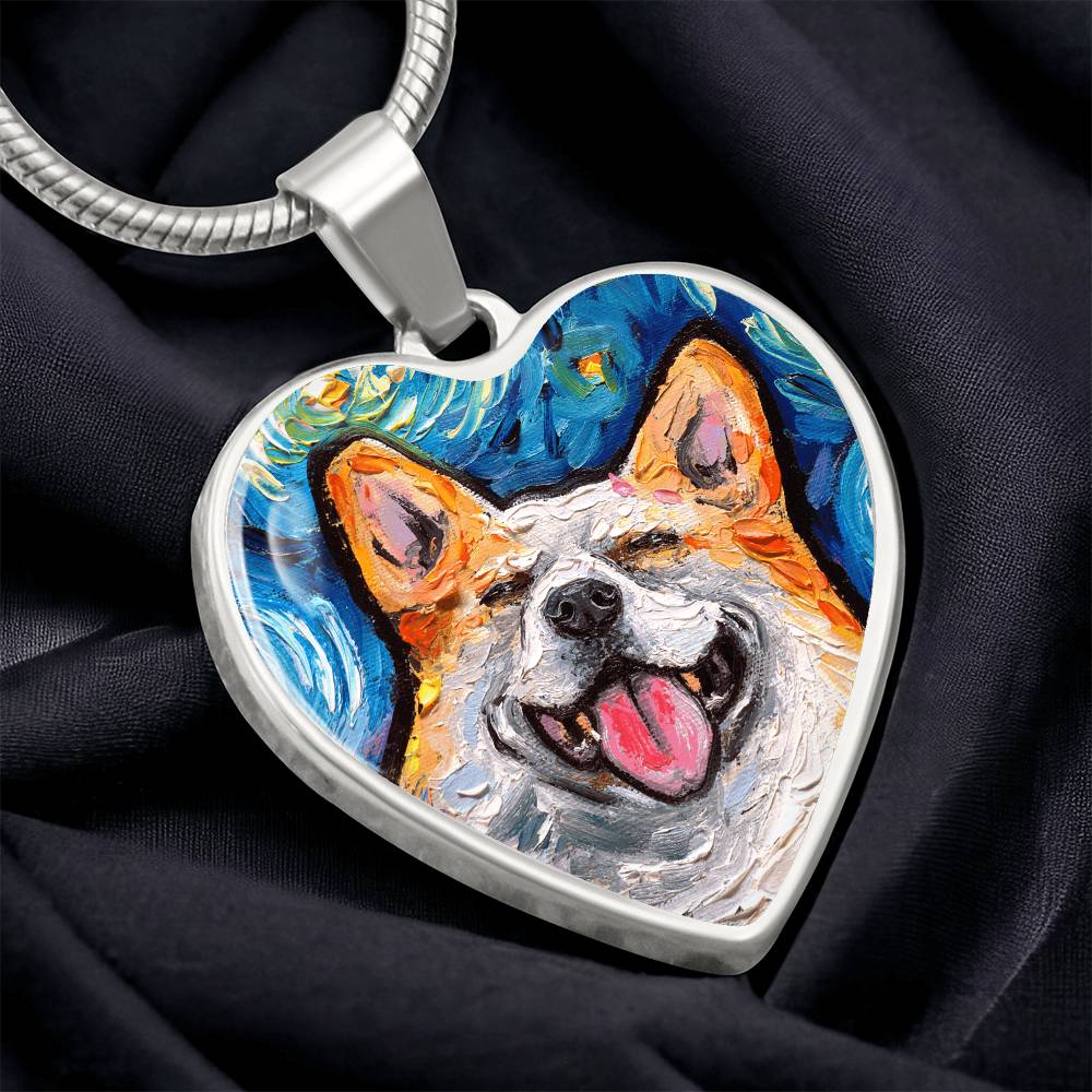 Smiling Corgi Portrait Starry Night Heart Necklace