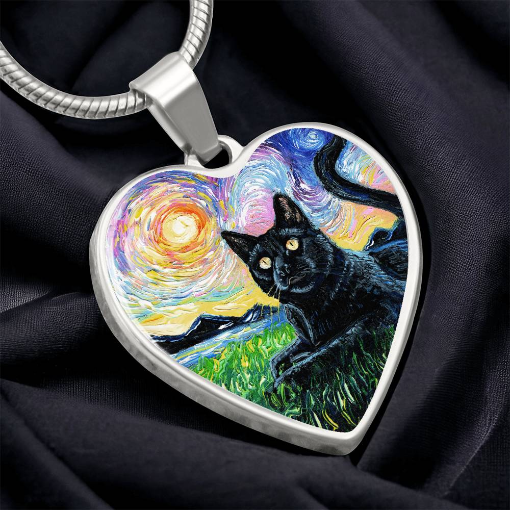 Black Cat and Sunset Starry Night Heart Necklace