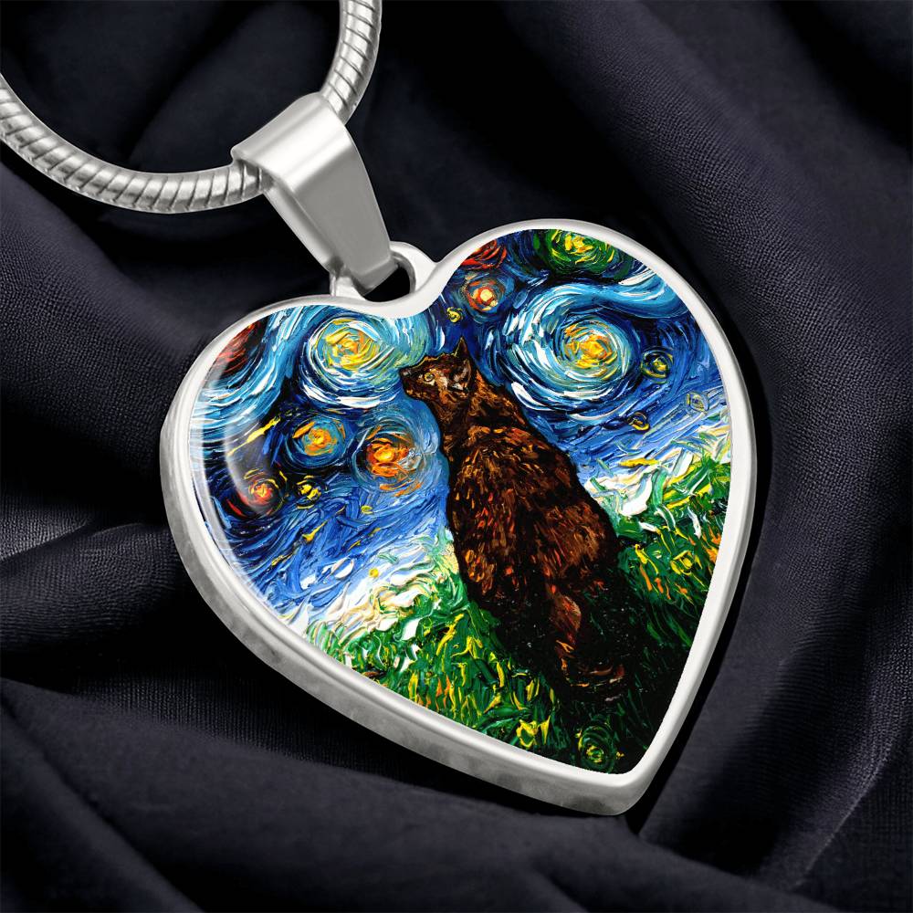 Tortoiseshell Cat Starry Night Heart Necklace