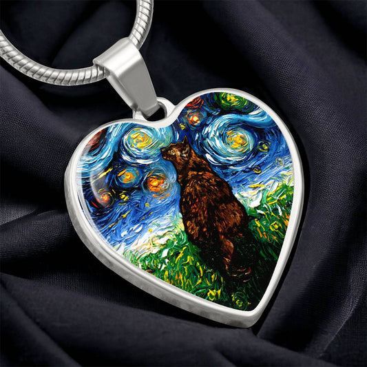 Tortoiseshell Cat Starry Night Heart Necklace