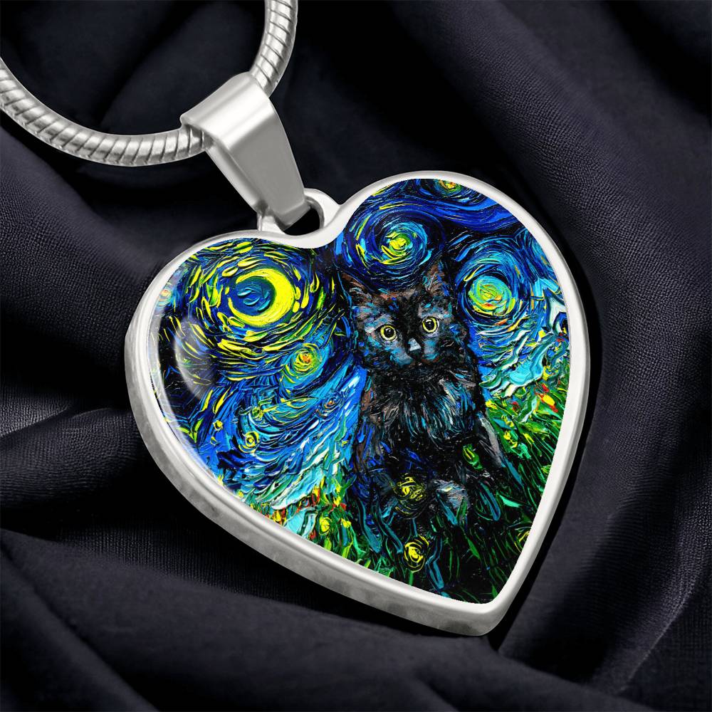 Black Cat Portrait Starry Night Heart Necklace