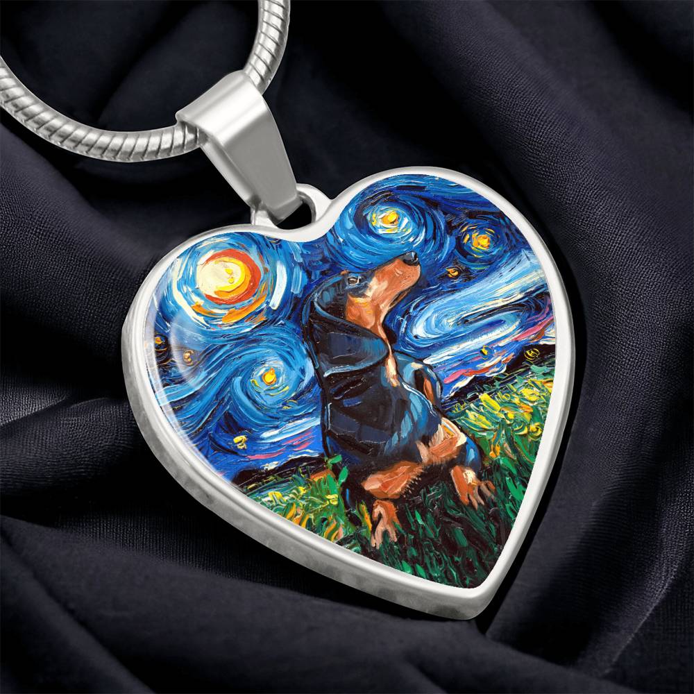 Black and Tan Dachshund Starry Night Heart Necklace