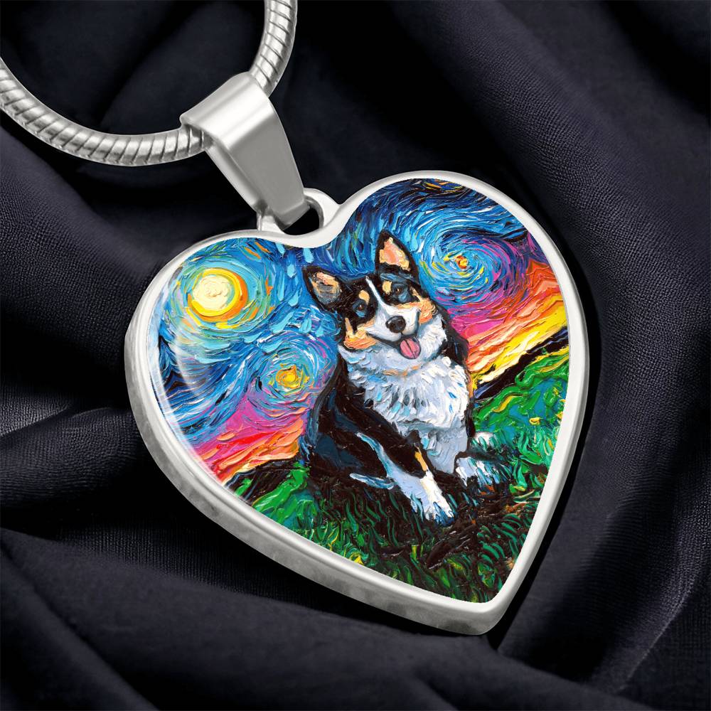 Tri Color Corgi Starry Night Heart Necklace