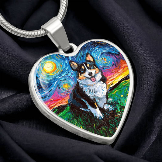 Tri Color Corgi Starry Night Heart Necklace
