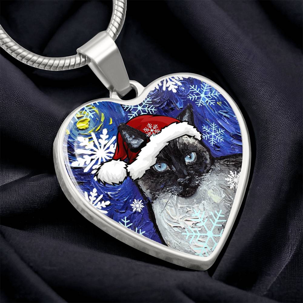 Siamese Cat Christmas Heart Necklace