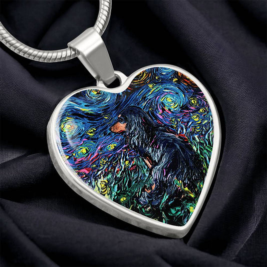 Black and Tan Long Hair Dachshund Starry Night Heart Necklace