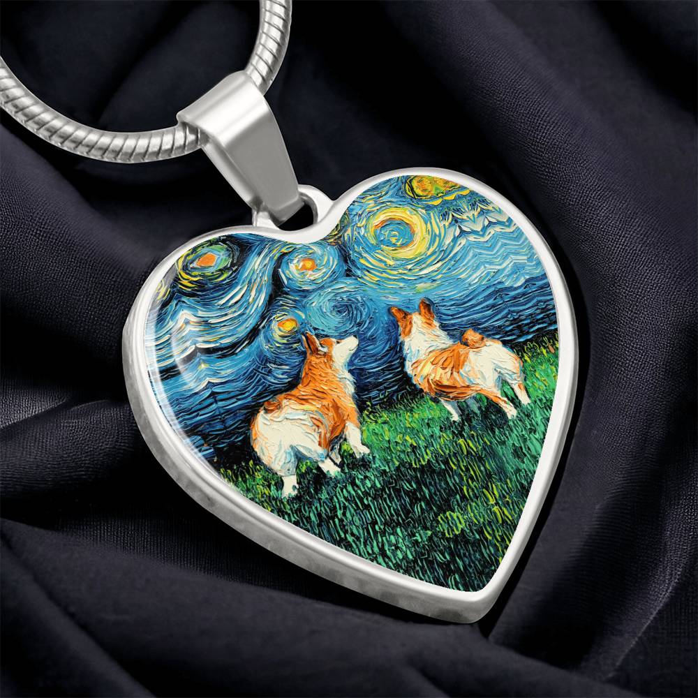 Corgi Starry Night Heart Necklace