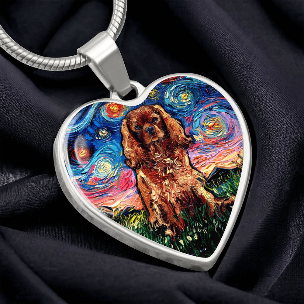 Ruby Cavalier King Charles Spaniel Starry Night Heart Necklace