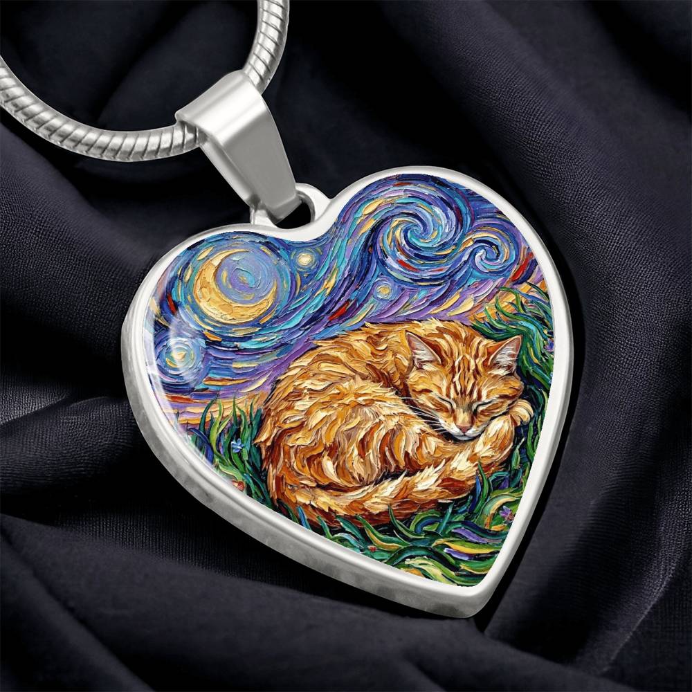 Sleepy Orange Tabby Night Heart Necklace