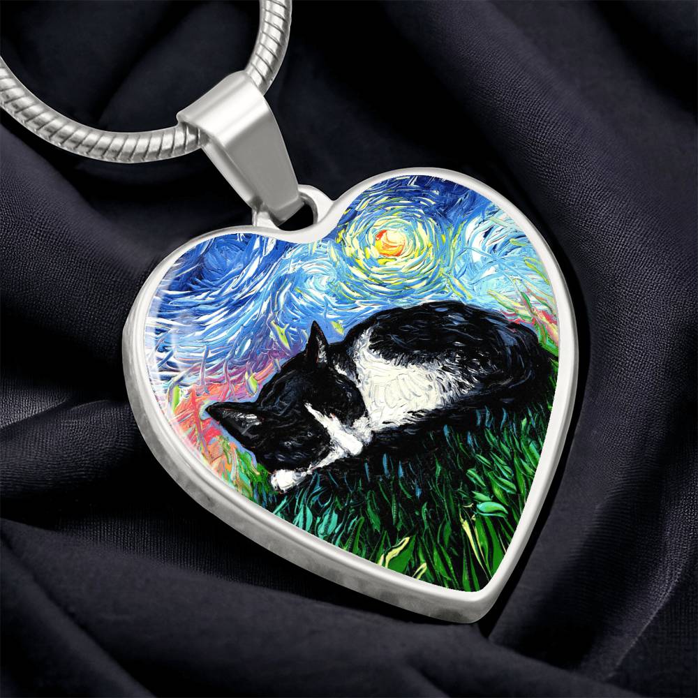 Sleepy Tuxedo Kitten Starry Night Heart Necklace