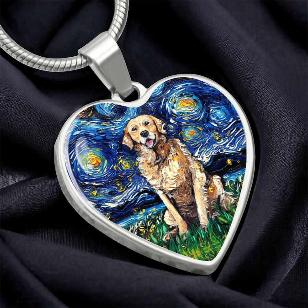 Golden Retriever Starry Night Heart Necklace