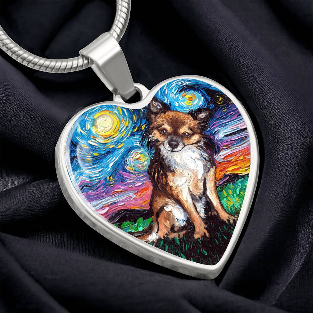 Long Hair Brown Chihuahua Starry Night Heart Necklace