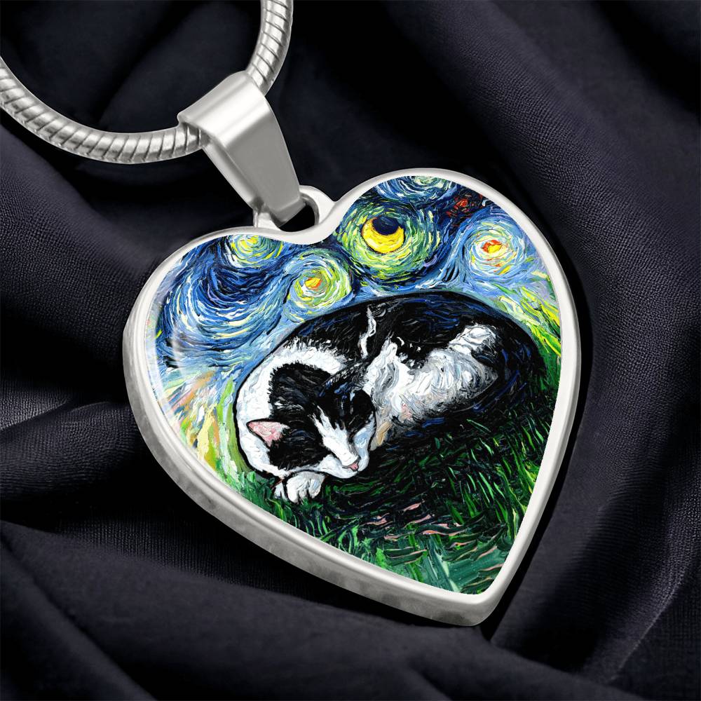 Sleeping Tuxedo Cat Starry Night Heart Necklace