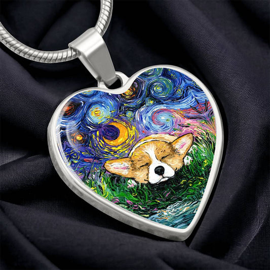 Sleeping Corgi Starry Night Heart Necklace