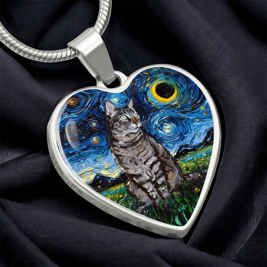 Tabby Cat Starry Night Heart Necklace