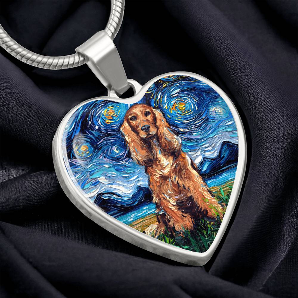 Red Cocker Spaniel Starry Night Heart Necklace