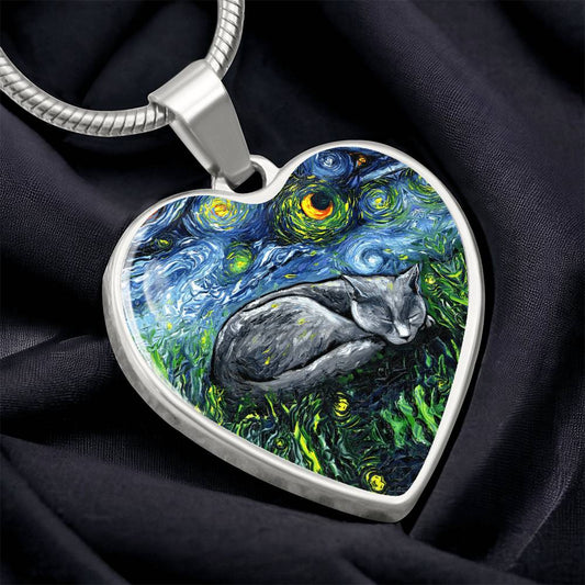 SleepingRussian Blue Cat Starry Night Heart Necklace