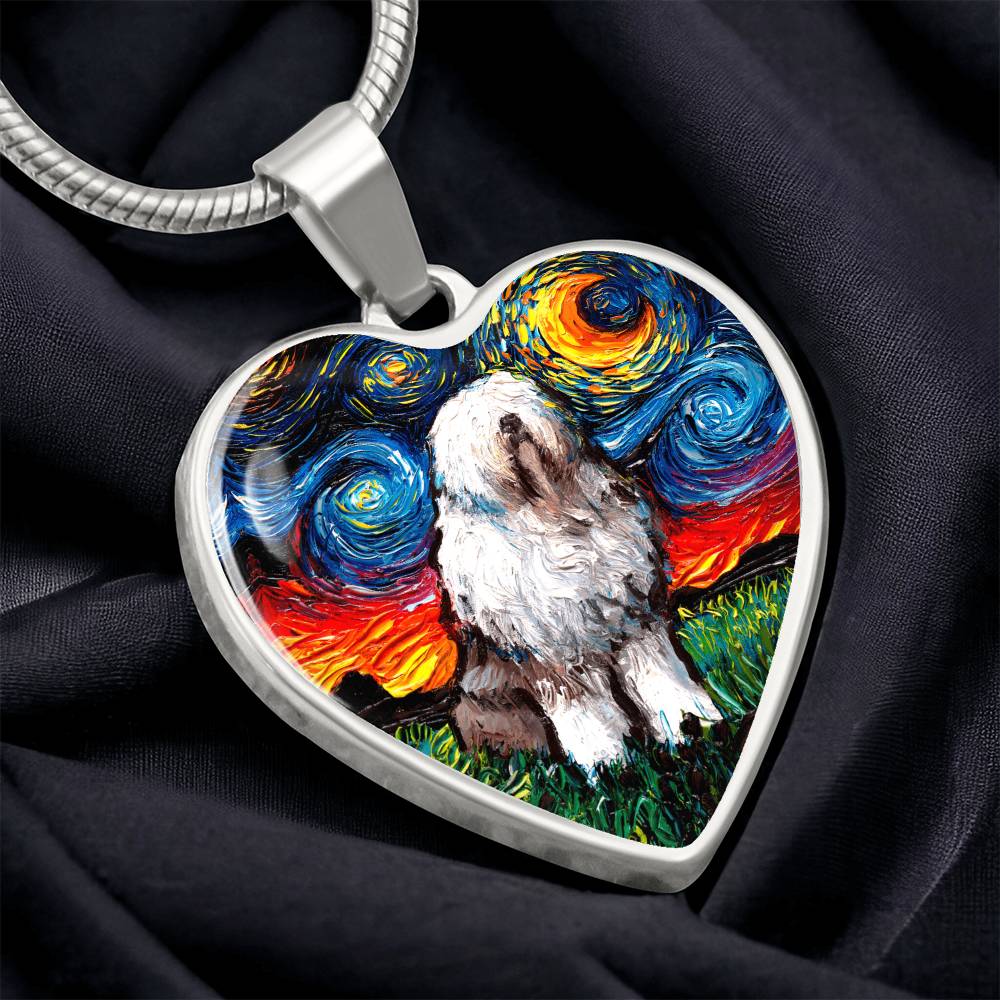 English Sheepdog Starry Night Heart Necklace