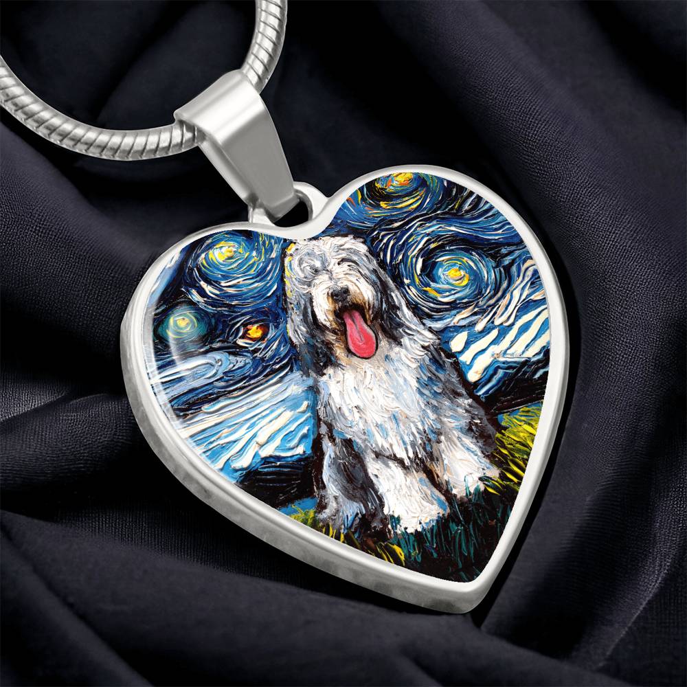 Bearded Collie Starry Night Heart Necklace