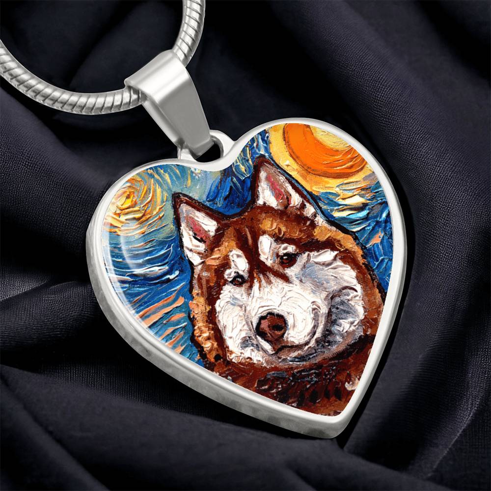 Red and White Husky Portrait Starry Night Heart Necklace