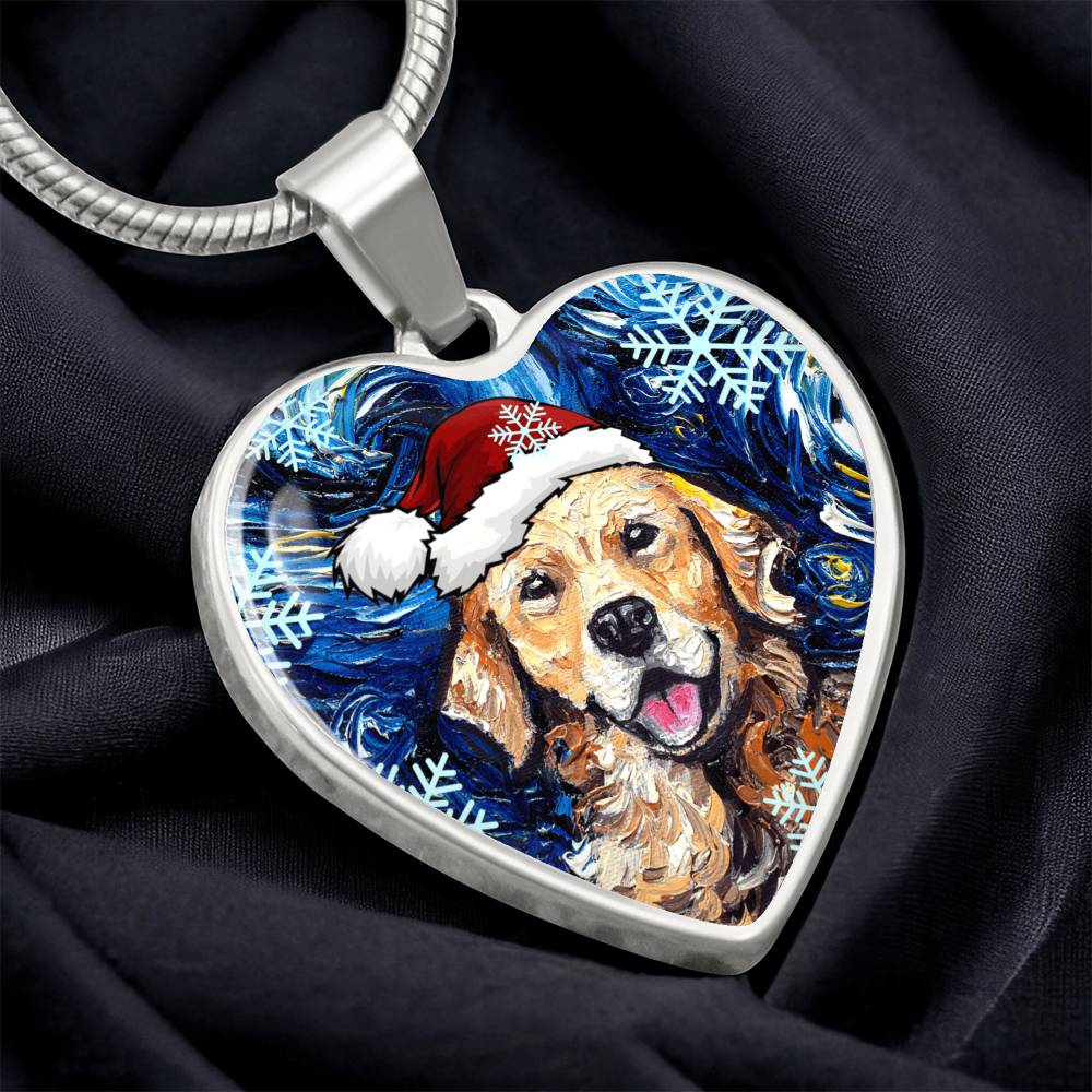 Golden Retriever in Santa Hat Starry Night Heart Necklace