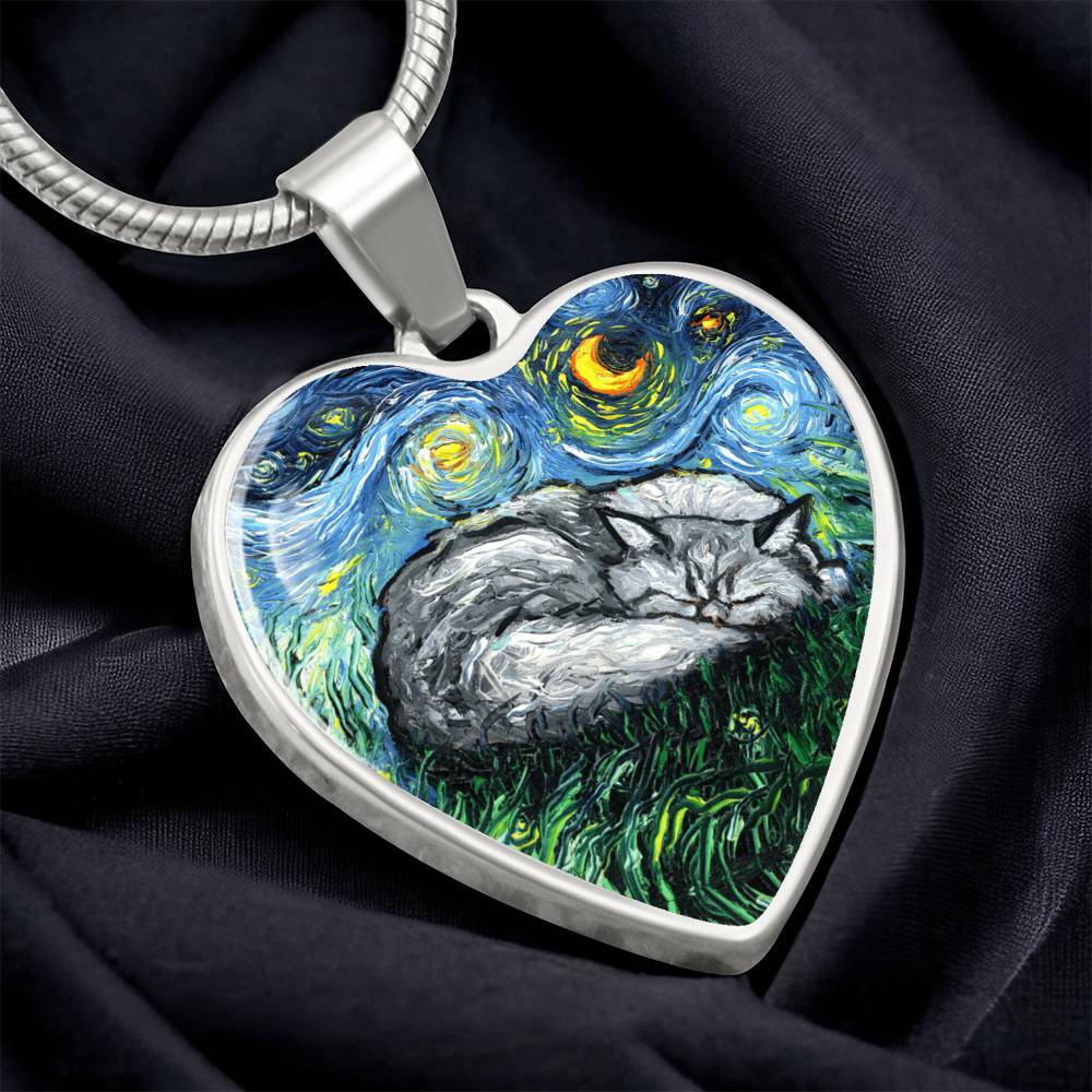 Sleeping Persian Cat Starry Night Heart Necklace