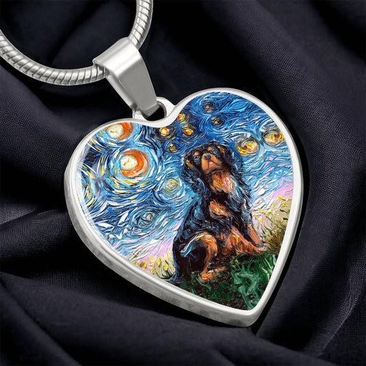 Black and Tan Cavalier Spaniel Starry Night Heart Necklace
