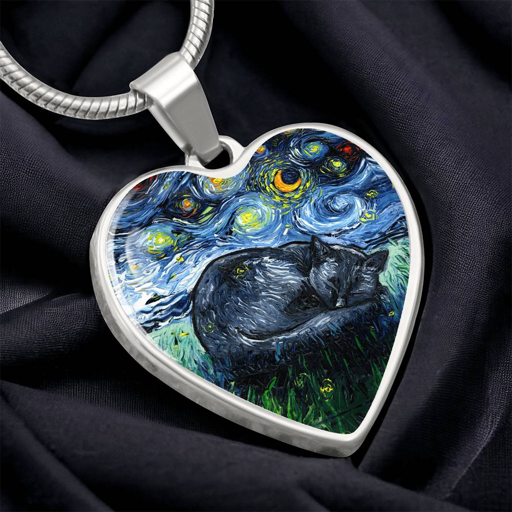 Sleeping Black Cat Starry Night Heart Necklace