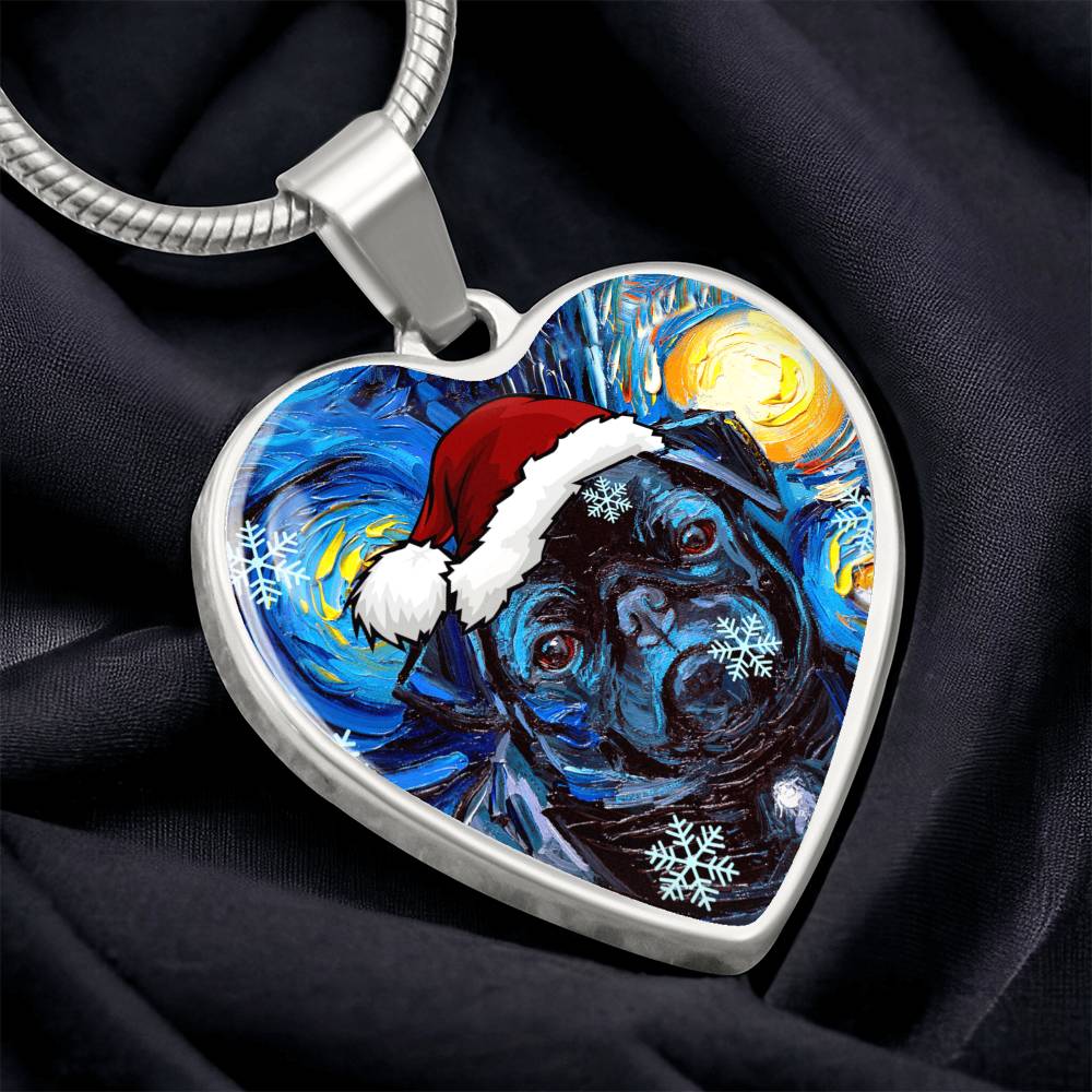 Santa Black Pug Heart Necklace