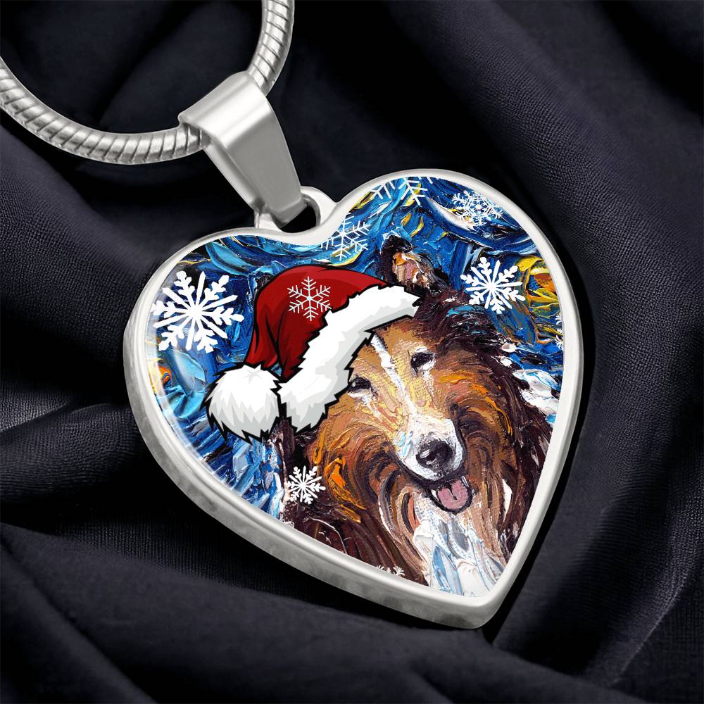 Collie In Santa Hat Starry Night Heart Necklace