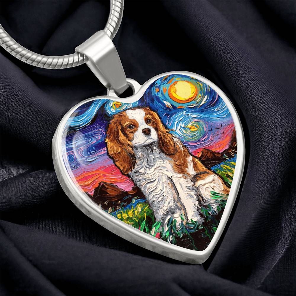 Blenheim Cavalier Spaniel Starry Night Heart Necklace