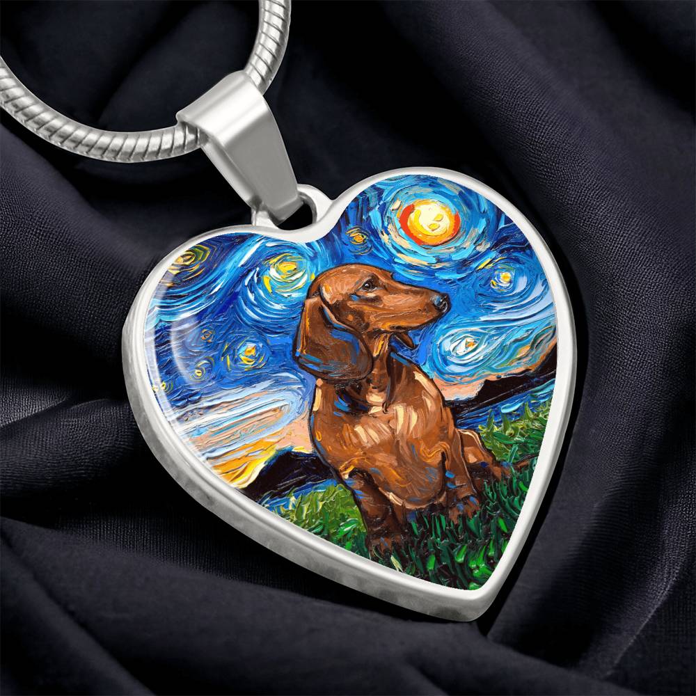 Brown Dachshund Starry Night Heart Necklace